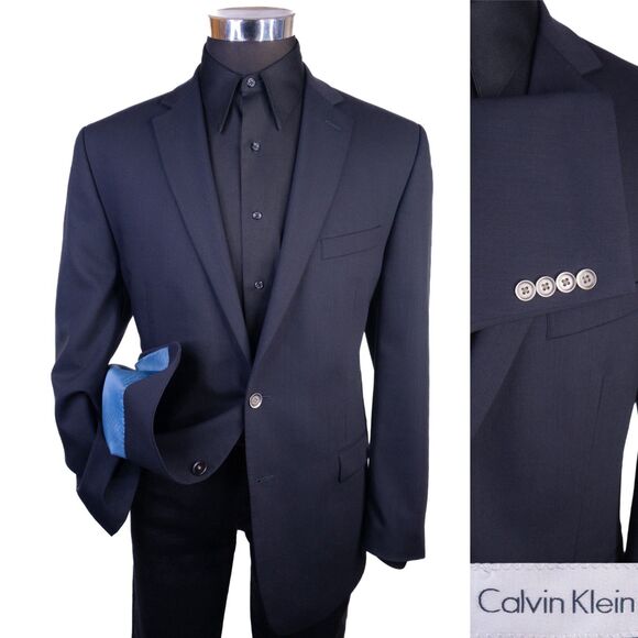 Calvin Klein Solid Blue Casual Jacket Sport Coat Blazer Silver Buttn Sz 42R Wool - Picture 1 of 12
